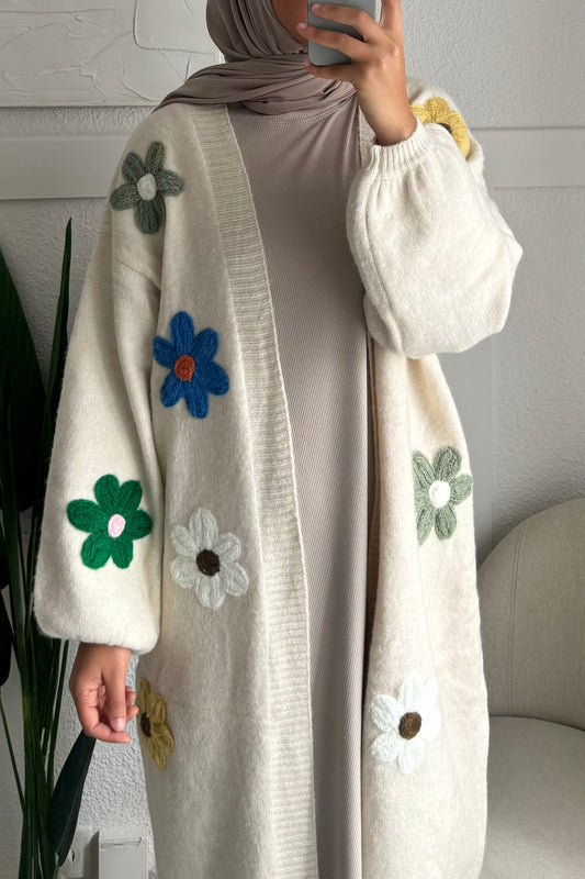 Gilet long en laine fleuri